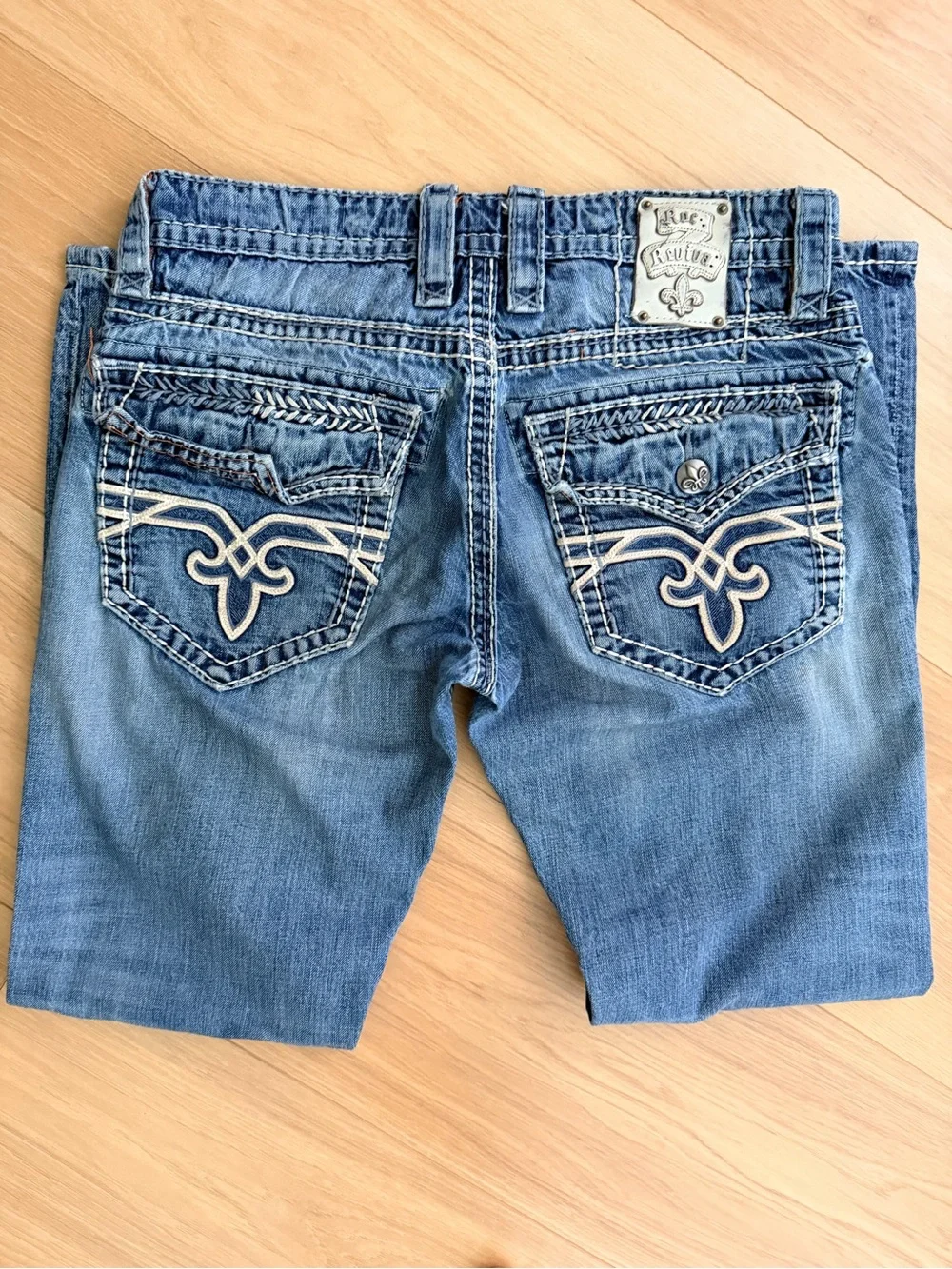 Rock Revival Mens Medium Blue Boot Cut Jeans with Contrast Stitching